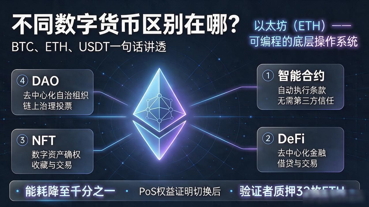 不同数字货币区别在哪？BTC、ETH、USDT一句话讲透