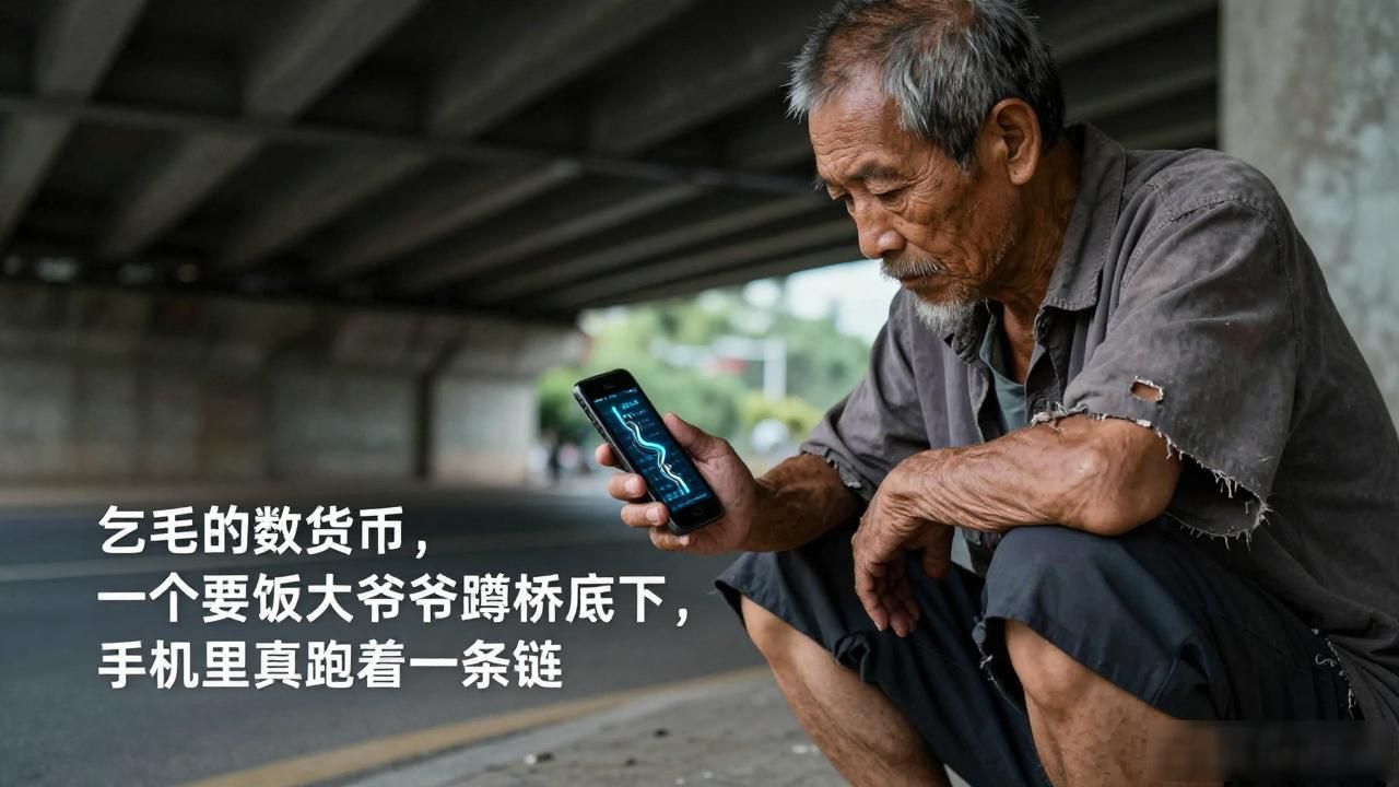 乞丐的数字货币，一个要饭大爷蹲桥底下，手机里真跑着一条链